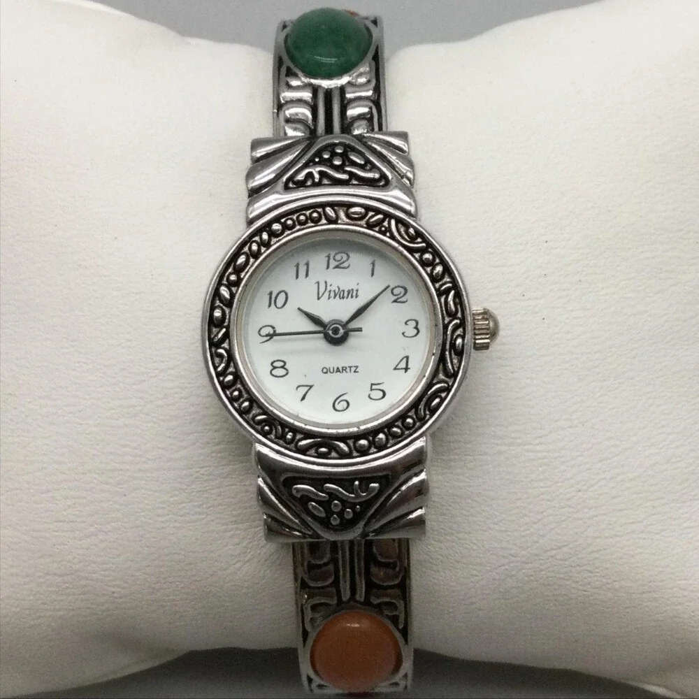 Vivani Womens Watch 21mm White Dial Silver Tone Bangle Cabochon Band New Battery
